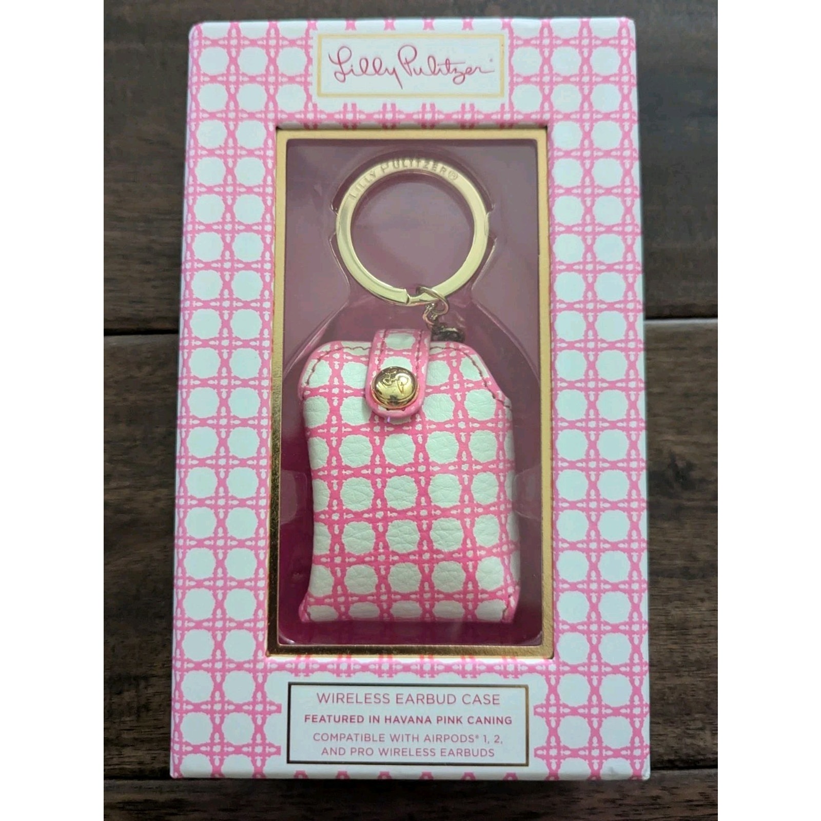Lilly Pulitzer Havana Pink Caning Wireless Earbud Case Pouch Keychain Keyring